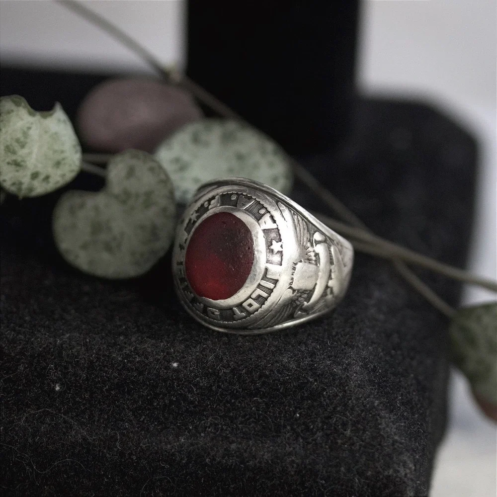 Vintage AAF Pilot Officer Sterling Silver Red Stone Signet Ring HJ Size 9.5